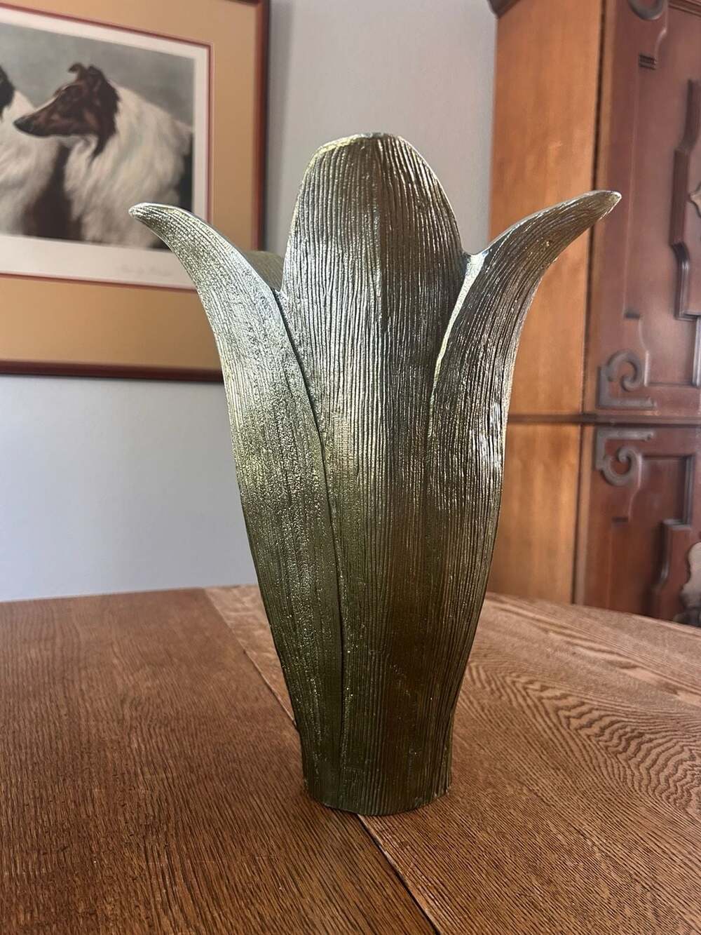 Bird and Brass Tulip Leaves Metal Vase Gold